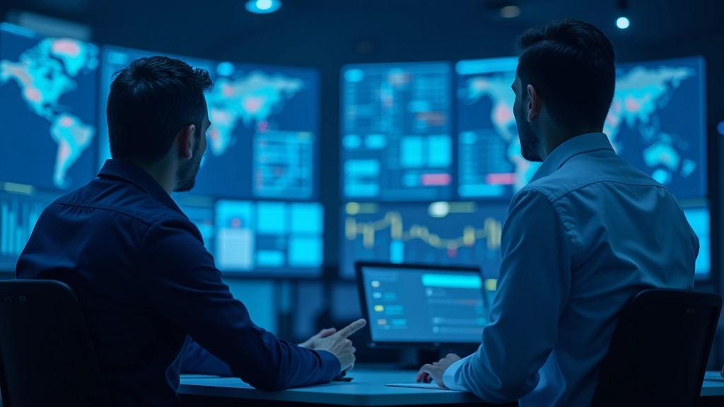 Lojistik merkezi operasyon odası, ekranlar üzerinde harita ve rota planlama, gemi ve kargo kontrol sistemi