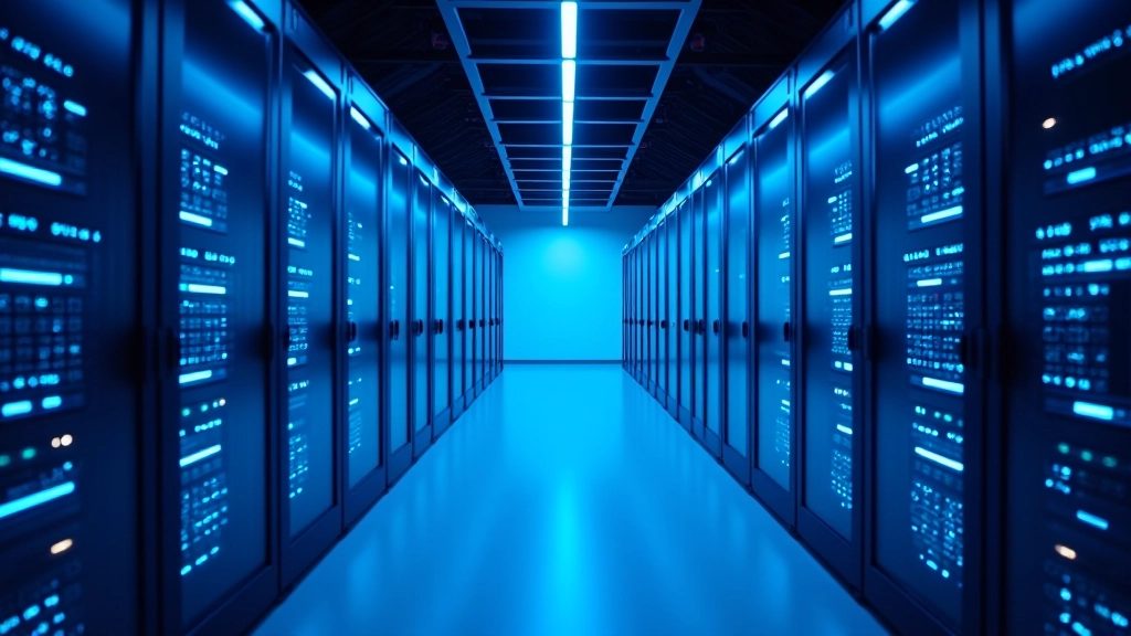 Modern kuantum bilgisayar merkezi, ışıl teknoloji ortamı, mavi led ışıklandırması